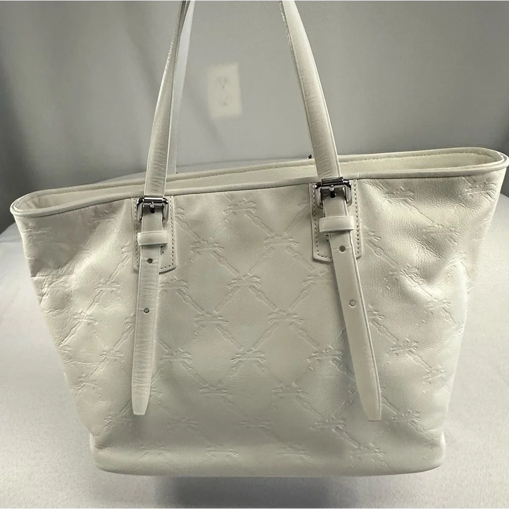 Longchamp • LM Cuir Embossed Logo Metal Luggage Tag White Double Shoulder RARE - Picture 5 of 14